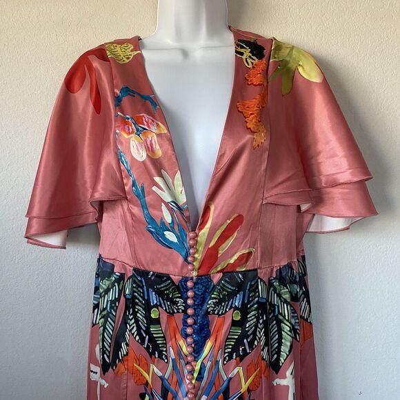 Pink Satin Button Up Maxi Ruffle Sleeve Tiered Dress M Tropical Animal Print Art - Picture 3 of 16